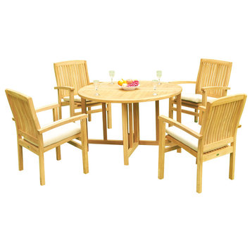 5-Piece Outdoor Teak Dining Set: 48" Butterfly Table, 4 Wave Stacking Arm Chairs