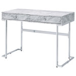 Acme Furniture - Tigress Writing Desk, White Printed Faux Marble and Chrome Finish - Bring sleek, minimalist style to your workplace where you stay for eight hours a day. The desk features a modern glamour design with white faux marble top and lustrous chrome frame. Metal sled base has elegant straight lines full of an open, airy feel, making the desk look simple and classy. White faux marble top showcases natural textures and offers two storage drawers that keep your office supplies sorted.