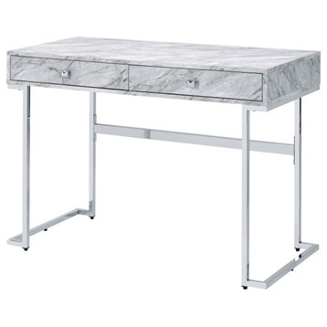 Tigress Writing Desk, White Printed Faux Marble and Chrome Finish