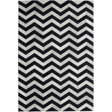 Black and White Cowhide Patchwork Rug - Chevron Pattern, 5x8