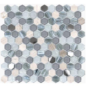 Blue Gray Glass Marble Hexagon Mosaic Tile, 12"x12"
