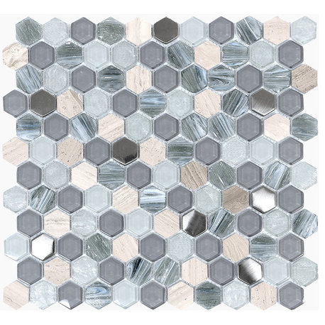Blue Gray Glass Marble Hexagon Mosaic Tile, 12"x12"