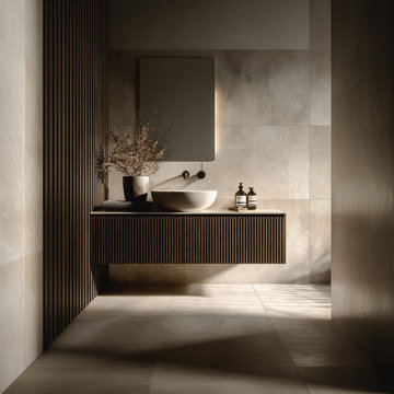 Slatted Oak Floating Vanity: Modern Spa Bathroom Cabinet, Custom Size