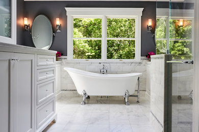 Bathroom - contemporary white floor bathroom idea in New York with gray walls