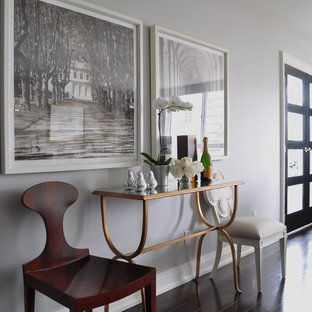 Esempio di un ingresso o corridoio contemporaneo con pareti grigie, parquet scuro e una porta a due ante