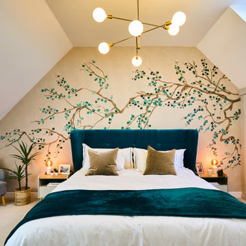 Loft bedroom with a beautiful spring wall mural