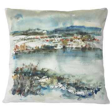 Blue Winter Lake Watercolor Landscape Painting Throw Pillow, 18"x18"
