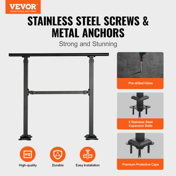 VEVOR Stair Handrail Railing 3 ft 3 Steps w/ Installation Kit Carbon Steel Black