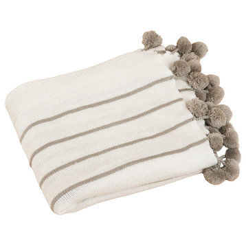 Chic Pompon Striped Throw Blanket, Ivory
