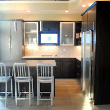 Maple Rohe Espresso Cabinets, Silver Pearl Granite, Silestone Quartz Backsplash