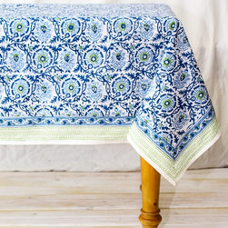 Hand Printed Tablecloths - Chloe Blue Green - Tablecloths
