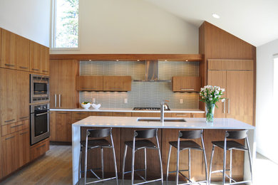 Photo of a contemporary kitchen in Other with flat-panel cabinets, medium wood cabinets, grey splashback, with island, an undermount sink, panelled appliances and medium hardwood floors.