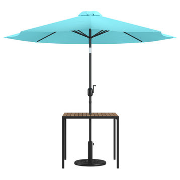 Black Steel Framed 35" Square Faux Teak Table, Teal 9' Patio Umbrella, Base