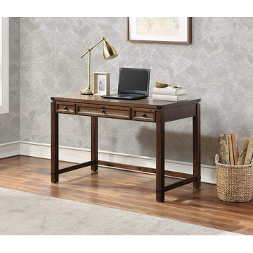 Classic Desk, Wooden Frame and Top With Industrial Accents, Wire Brushed Walnut