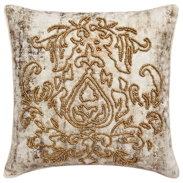 White Velvet Suede Embroidery Foil 18"x18" Throw Pillow Cover Aureate Whisper