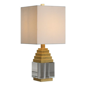 Art Deco Gold Crystal Block Mini Table Lamp, Cube Midcentury Modern Square