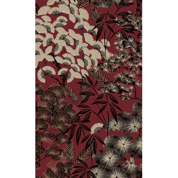 Oriental Leaves Tropical Wallpaper, Red, Sample