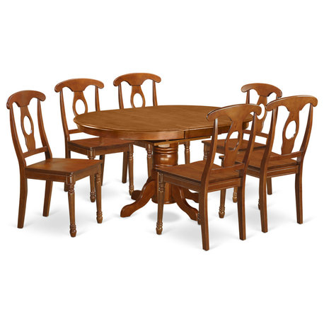 Avna7-Sbr-W, 7-Piece Table With Leaf and 6 Wood Chairs, Saddle Brown