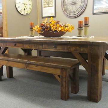 Olde Barn Wood Disressed Harvest Table with Matching Benches