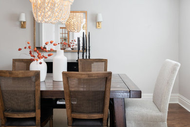 Inspiration for a mid-sized transitional medium tone wood floor and brown floor dining room remodel in St Louis with gray walls