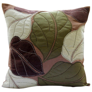 Brown Faux Suede Fabric 24x24 Multi Leaf Applique Pillow Shams, Leafy Collection