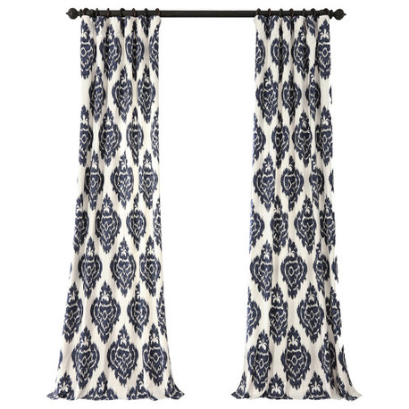 Ikat Blue Printed Cotton Curtain Single Panel, 50"x108"