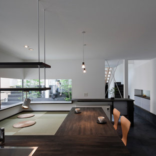 Offenes Modernes Esszimmer mit weißer Wandfarbe, schwarzem Boden und Tatami-Boden in Sonstige