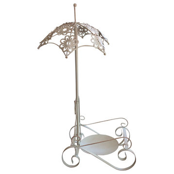 Decorative Cream White Iron Plant Stand With Floral Umbrella Highlight