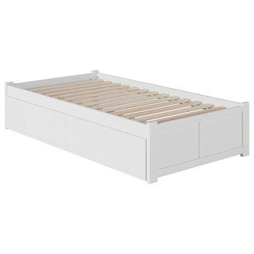 Contemporary Platform Bed, Hardwood Construction With 2 Drawers, White