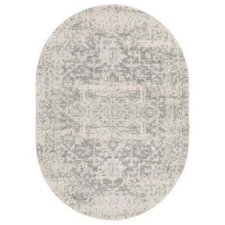 Harput Traditional Black and Light Gray Area Rug, 6'7"x9' Oval