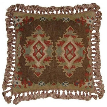 Throw Pillow Aubusson Ikat 22x22 Green Brown Beige Down Feather