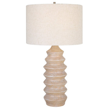 Contemporary Bleached Wood Tone Zig Zag Table Lamp 30 in Geometric Ribbed