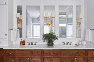 Inspiration for a mid-sized timeless master double-sink bathroom remodel in Austin with recessed-panel cabinets, an undermount sink and a built-in vanity