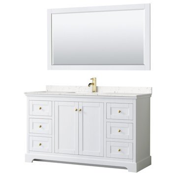 Avery 60" White Single Vanity, Carrara Marble Top, 58" Mirror, Brushed Gold Trim