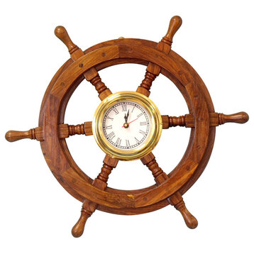 Wooden Ship Wheel Clock, 18"