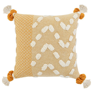 Ox Bay Hand-Stitched Yellow/White Tassel Organic Cotton Pillow Cover, 20"x20"