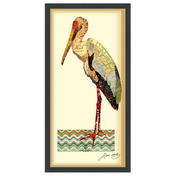 "Crane" Collage Framed Graphic Wall Art Under Glass Handmade Signed by Alex Zeng