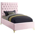 Meridian Furniture - Cruz Velvet Upholstered Bed, Pink, Twin - Revamp your bedroom space with this sumptuously crafted Cruz twin bed from Meridian furniture. The star of the show here is the headboardits tufted with deep button tufts that not only keep its thick padding in place and aloft, but also add a modern, textural look to your space. Sleek pink velvet upholstery feels luxuriously upscale to the touch, and the high headboard and the minimalist platform frame with metal feet add a timelessly contemporary silhouette to your space.