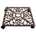 Esschert Design - Plant Trolley - Square Cast Iron w/ Hole for Display - Antique cast iron square plant trolley with elegant scroll work and 4 wheels. Center hole so it fits beautifully on our TG41 display stand. Holds up to 195 lbs.  See item TG41 for FREE display stand offer.