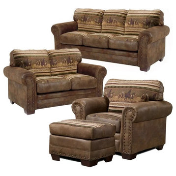 4 Pieces Farmhouse Living Room Sofa Set, Wild Horse Motif Microfiber Upholstery