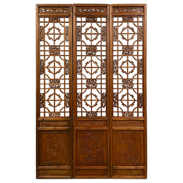 Consigned Antique Chinese Handcraft 3 Panels Wooden Screen/Room Divider