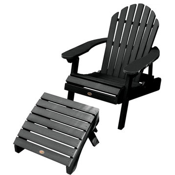 Adirondack Chair & Footrest, Folding Design With Wide Arms, Black