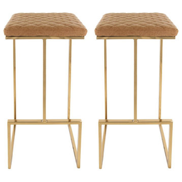 LeisureMod Quincy Leather Bar Stools With Gold Metal Frame Set of 2 Light Brown