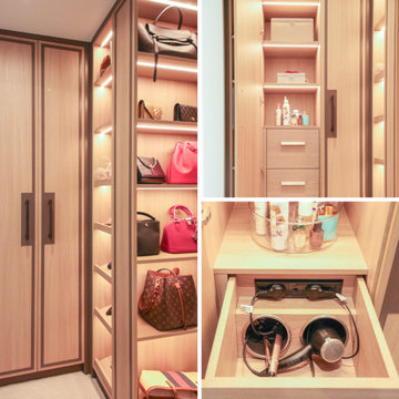 Contemporary Luxury Closet with In-Drawer Hot Tool Canisters