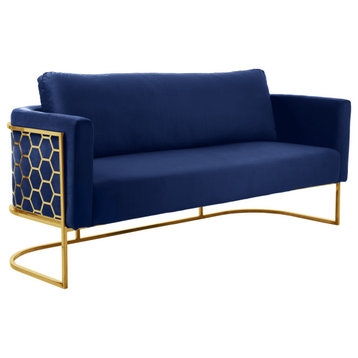 Casa Velvet Upholstered Sofa, Navy, Gold Finish