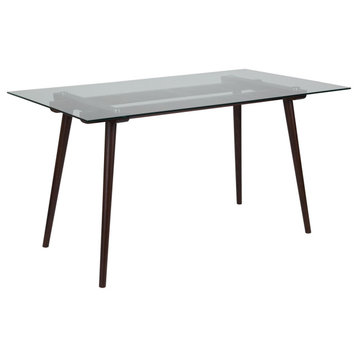 Modern Dining Table, Angled Wooden Legs With Large Clear Glass Top, Espresso