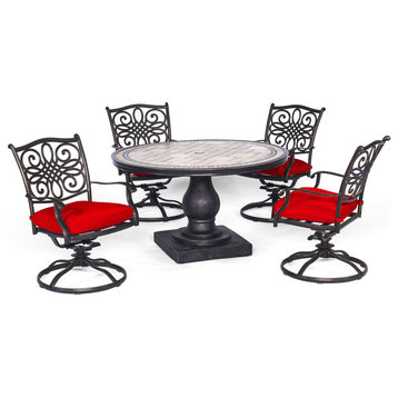 Monaco 5-Piece Dining Set, Red With Four Swivel Rockers and 51" Tile-Top Table