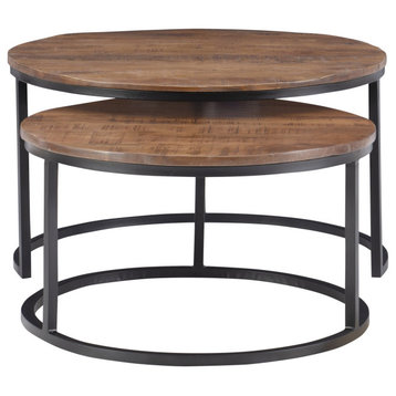 2 Pack Coffee Table, Nesting Design With Metal Base and Round Top, Black/Brown