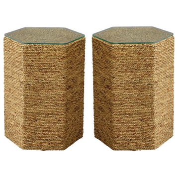Home Square Coastal Glass & Sea Grass Side Table in Natural - Set of 2