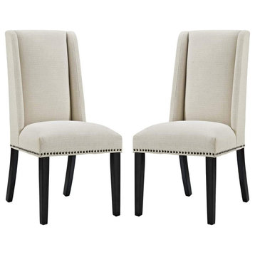 Set of 2 Dining Chair, Polyester Seat With High Back and Nailhead Trim, Beige